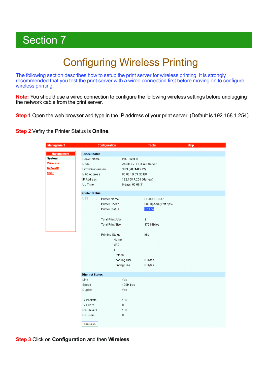 Airlink APSUSB201W manual Configuring Wireless Printing 