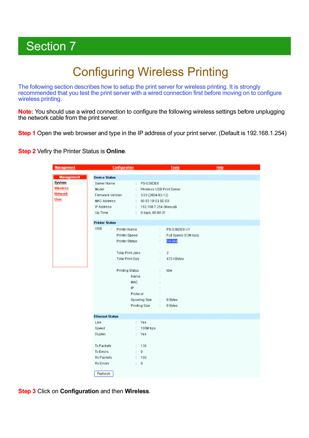 Airlink APSUSB201W manual Configuring Wireless Printing, Section 
