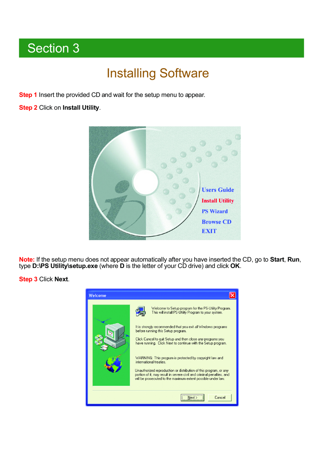 Airlink APSUSB201W Installing Software, Section, Insert the provided CD and wait for the setup menu to appear, Click Next 