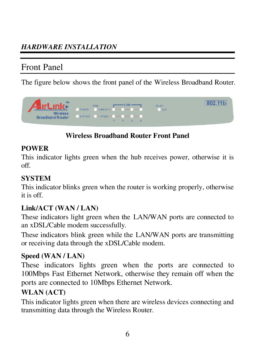 Airlink ARW027 Hardware Installation, Wireless Broadband Router Front Panel, Link/ACT WAN / LAN, Speed WAN / LAN 