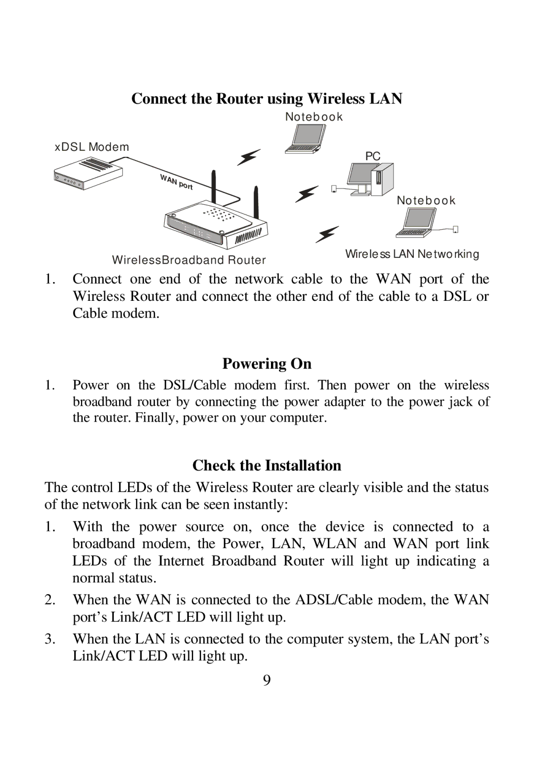 Airlink ARW027 user manual Connect the Router using Wireless LAN, Powering On, Check the Installation 