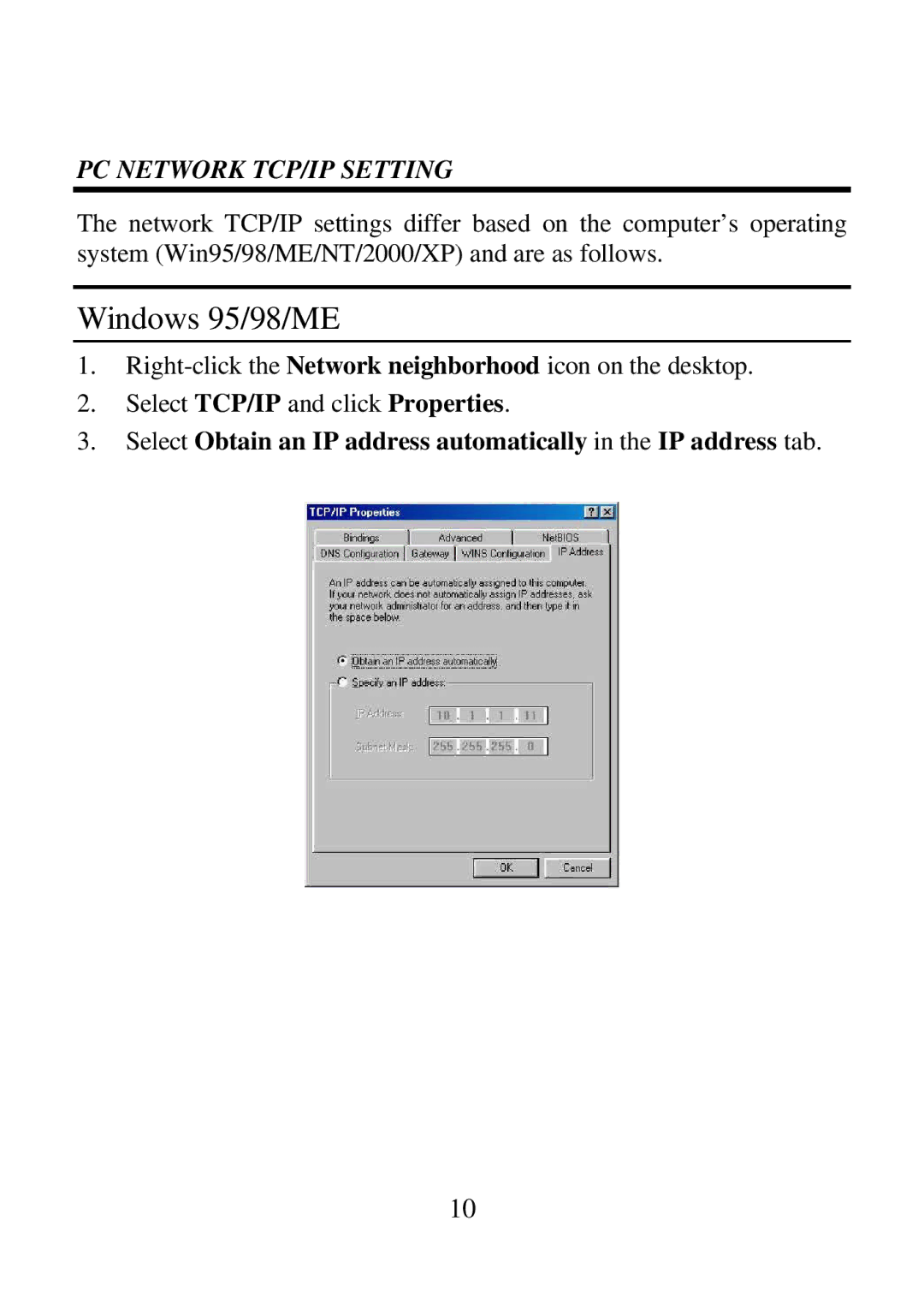 Airlink ARW027 user manual Windows 95/98/ME, PC Network TCP/IP Setting 