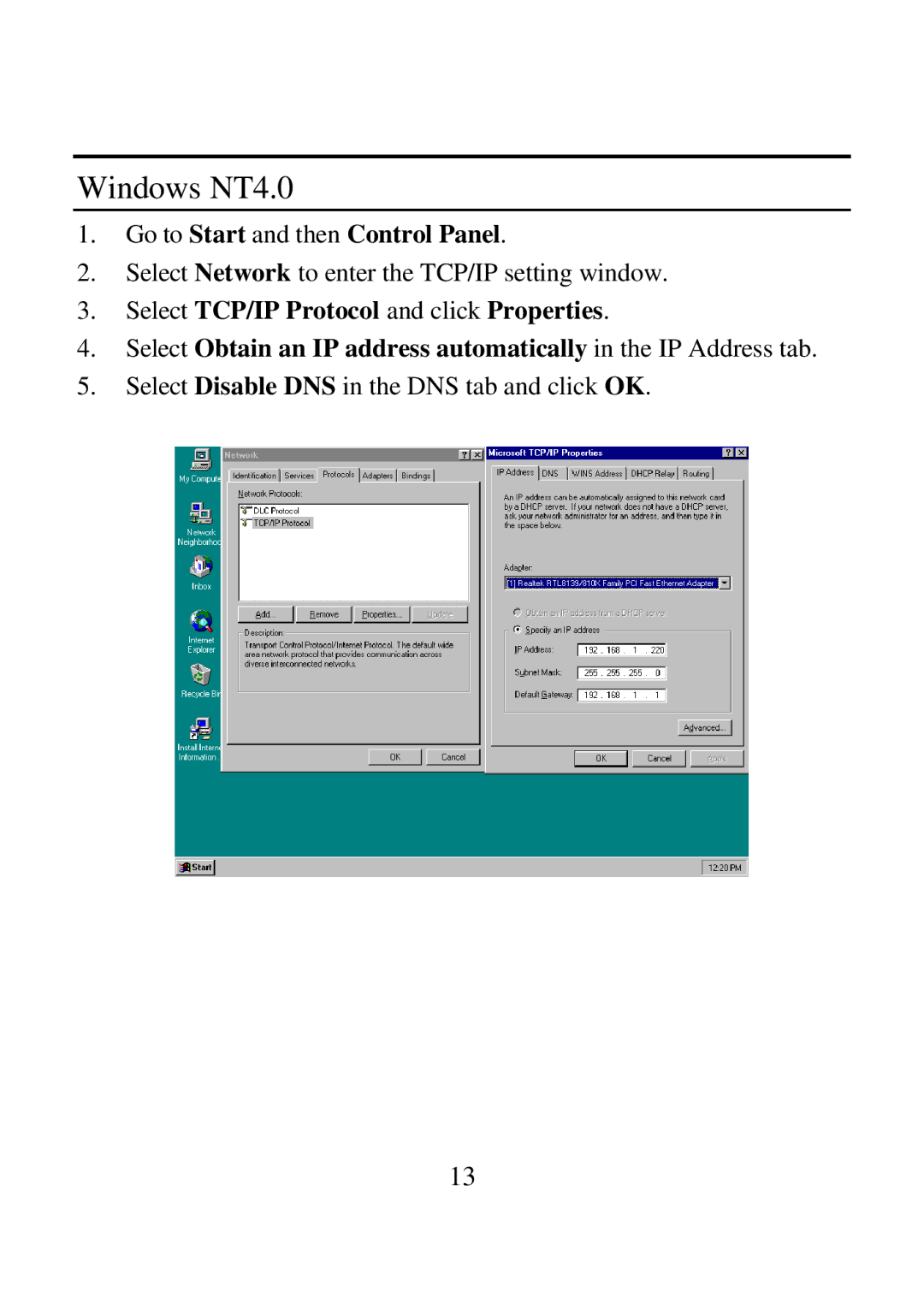 Airlink ARW027 user manual Windows NT4.0, Go to Start and then Control Panel 