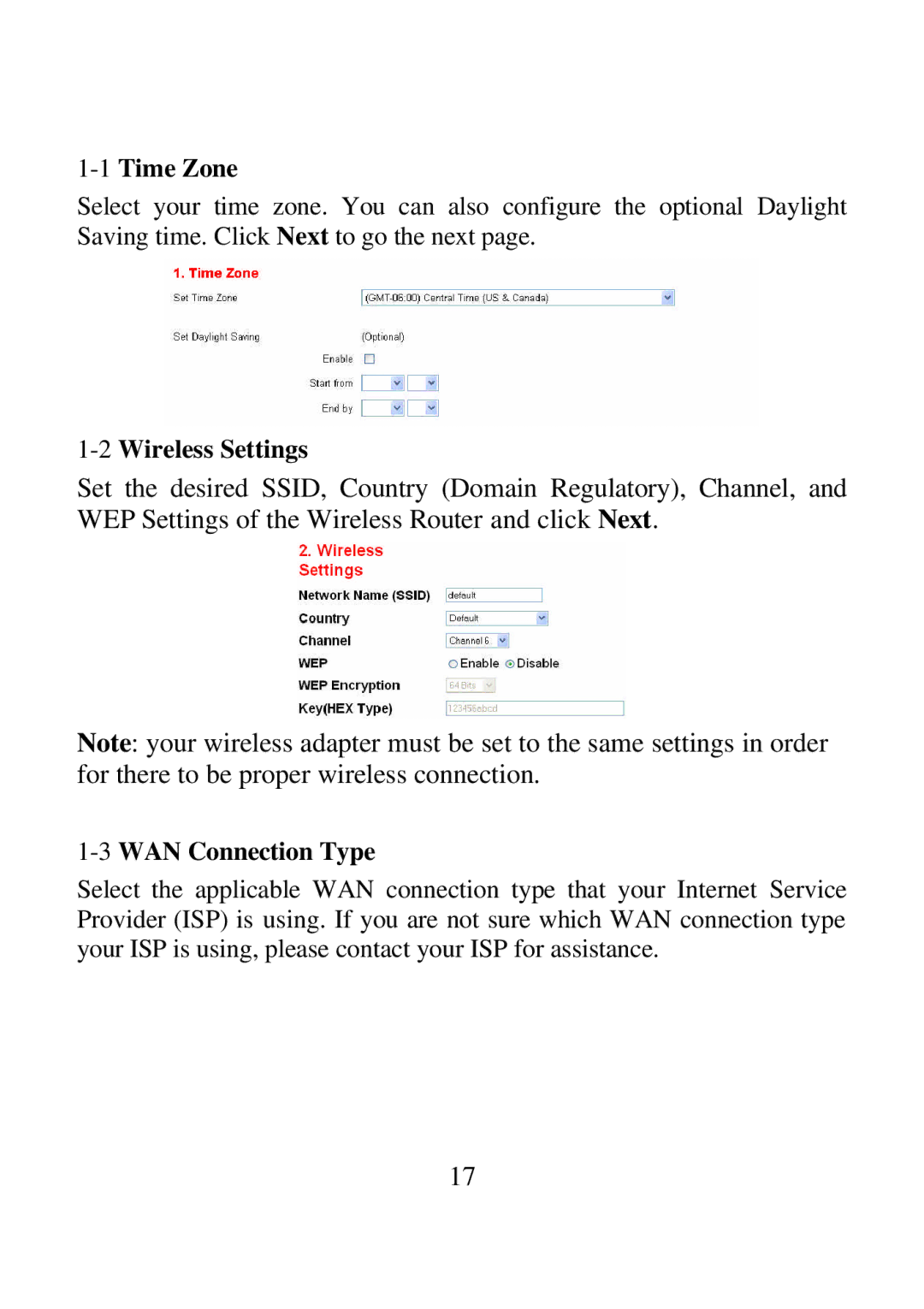 Airlink ARW027 user manual 1Time Zone, 2Wireless Settings, 3WAN Connection Type 