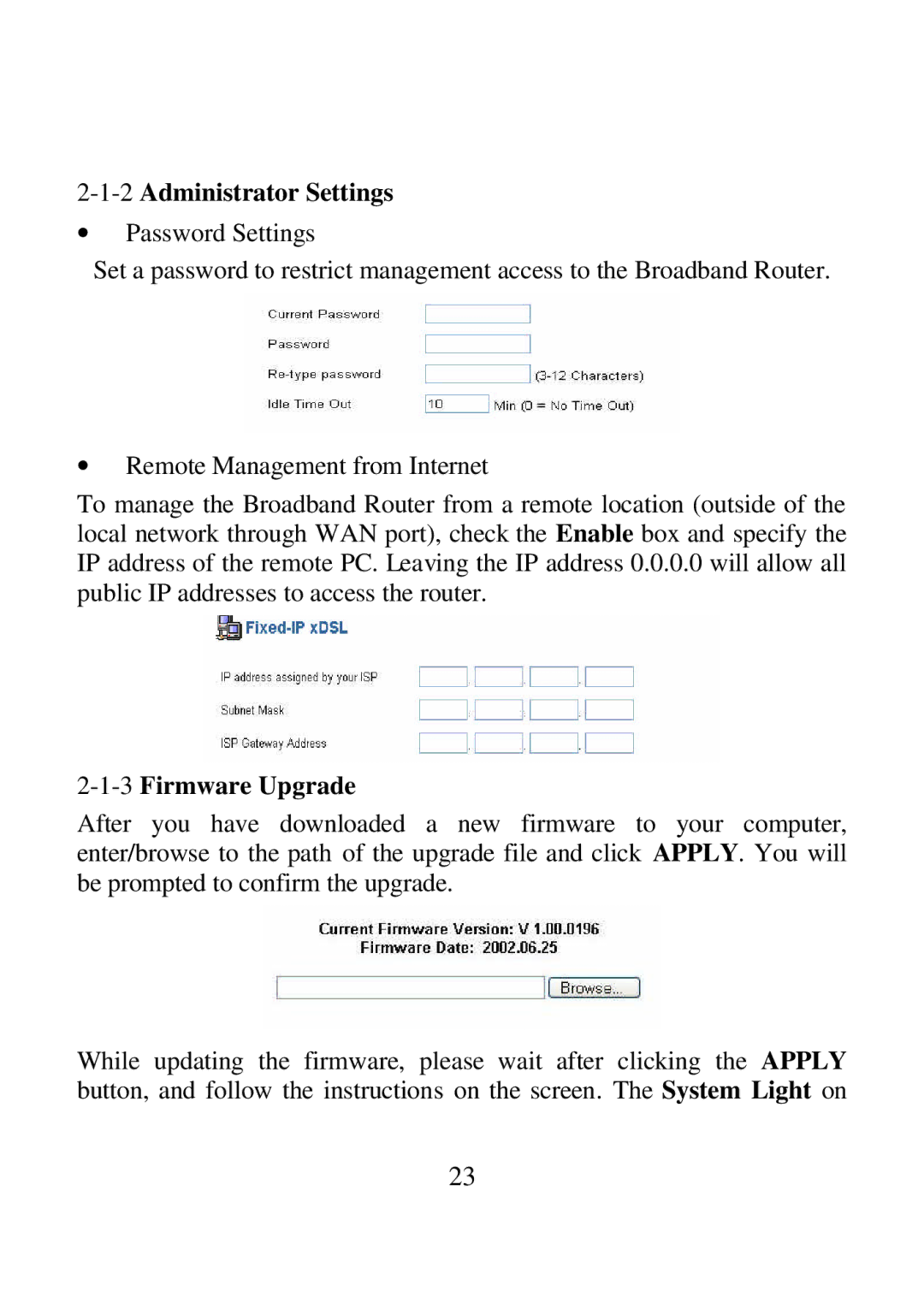 Airlink ARW027 user manual 2Administrator Settings, 3Firmware Upgrade 