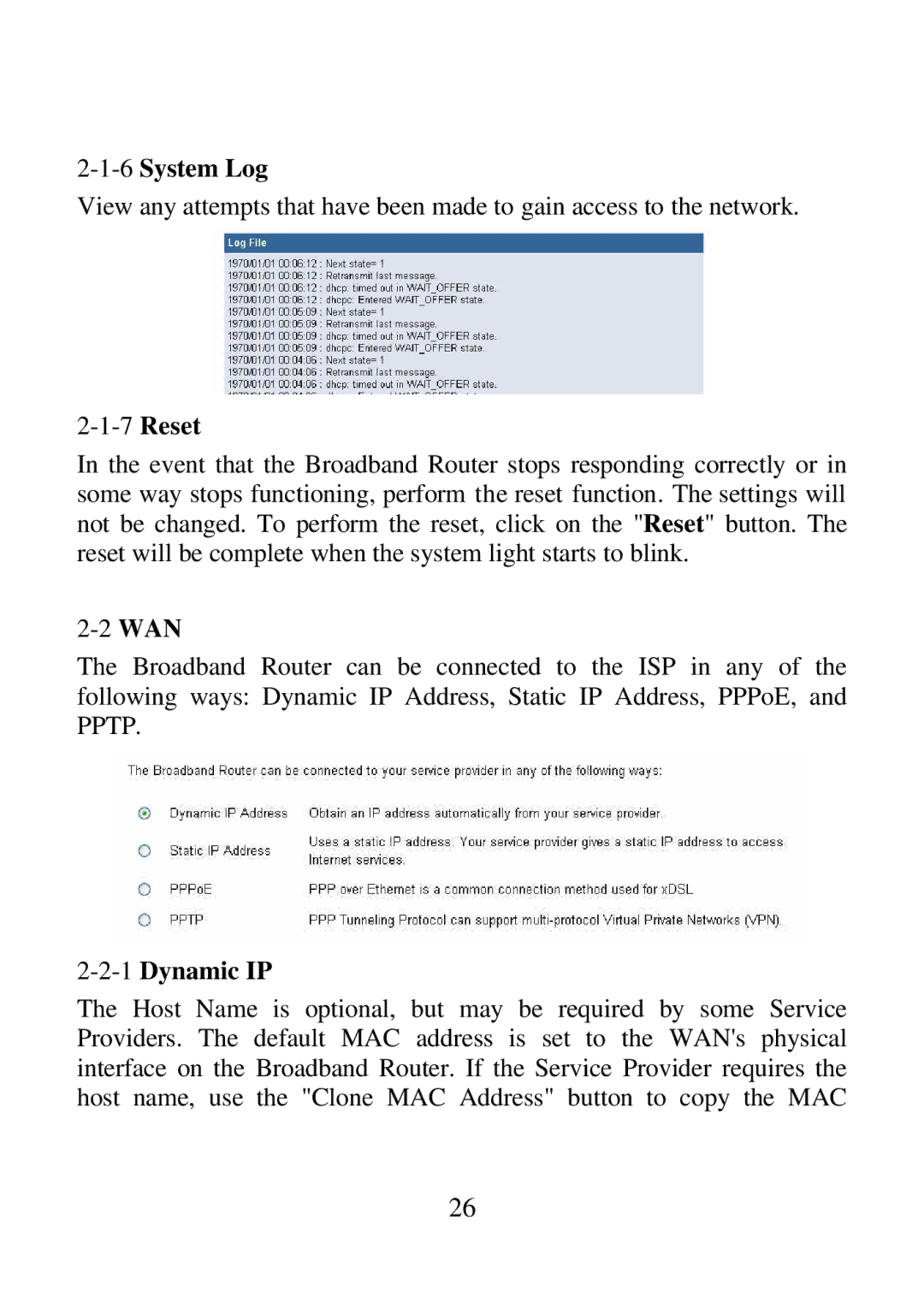 Airlink ARW027 user manual 6System Log, 1Dynamic IP 