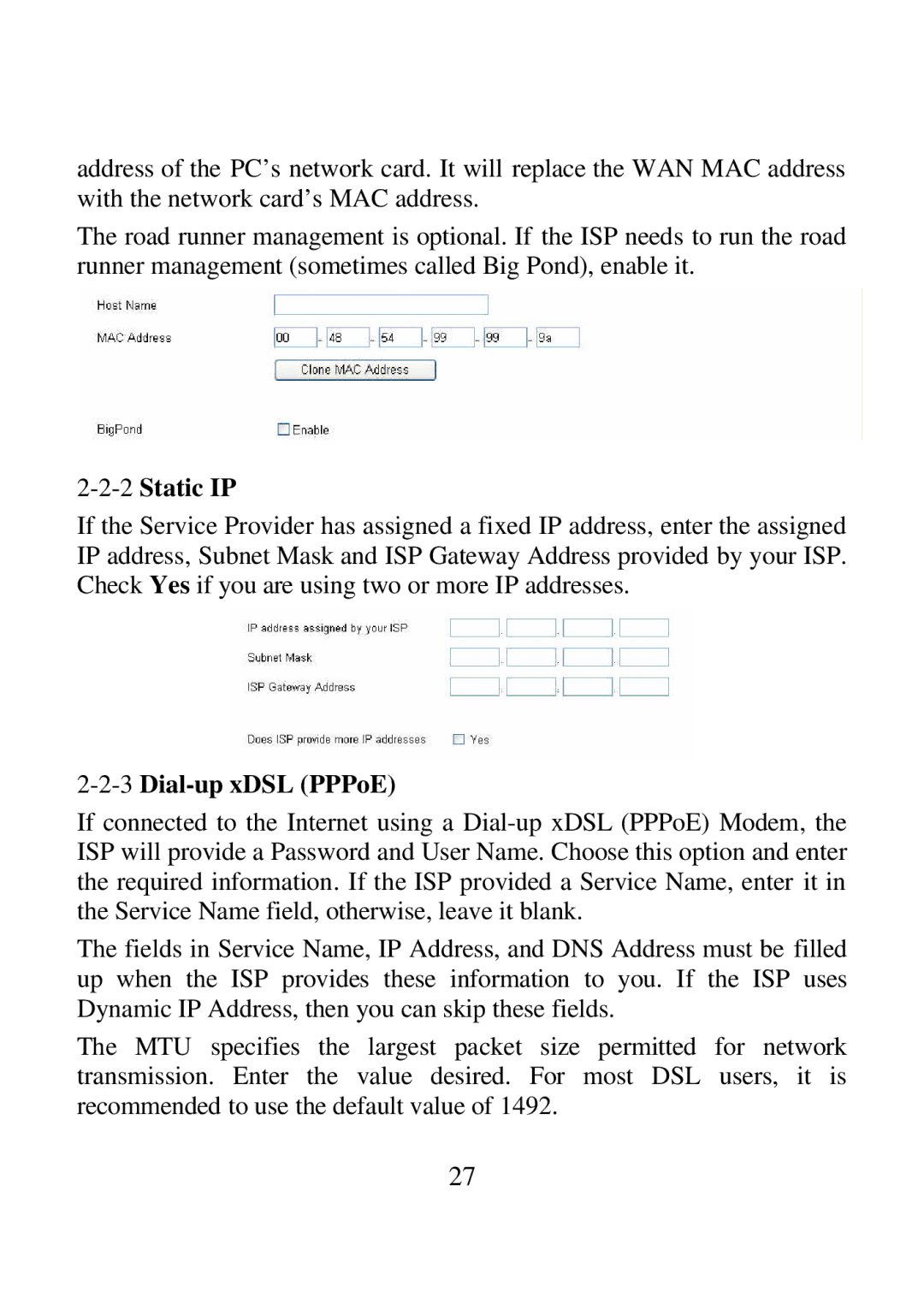 Airlink ARW027 user manual 2Static IP, 3Dial-up xDSL PPPoE 