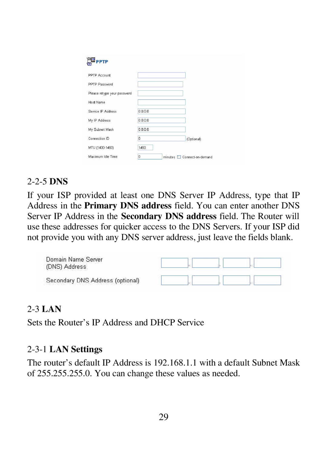 Airlink ARW027 user manual 5 DNS, 1LAN Settings 