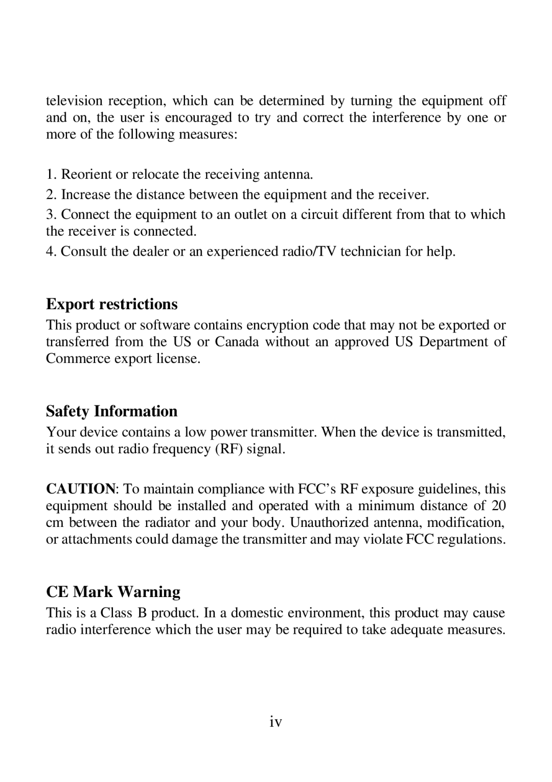 Airlink ARW027 user manual Export restrictions, Safety Information, CE Mark Warning 