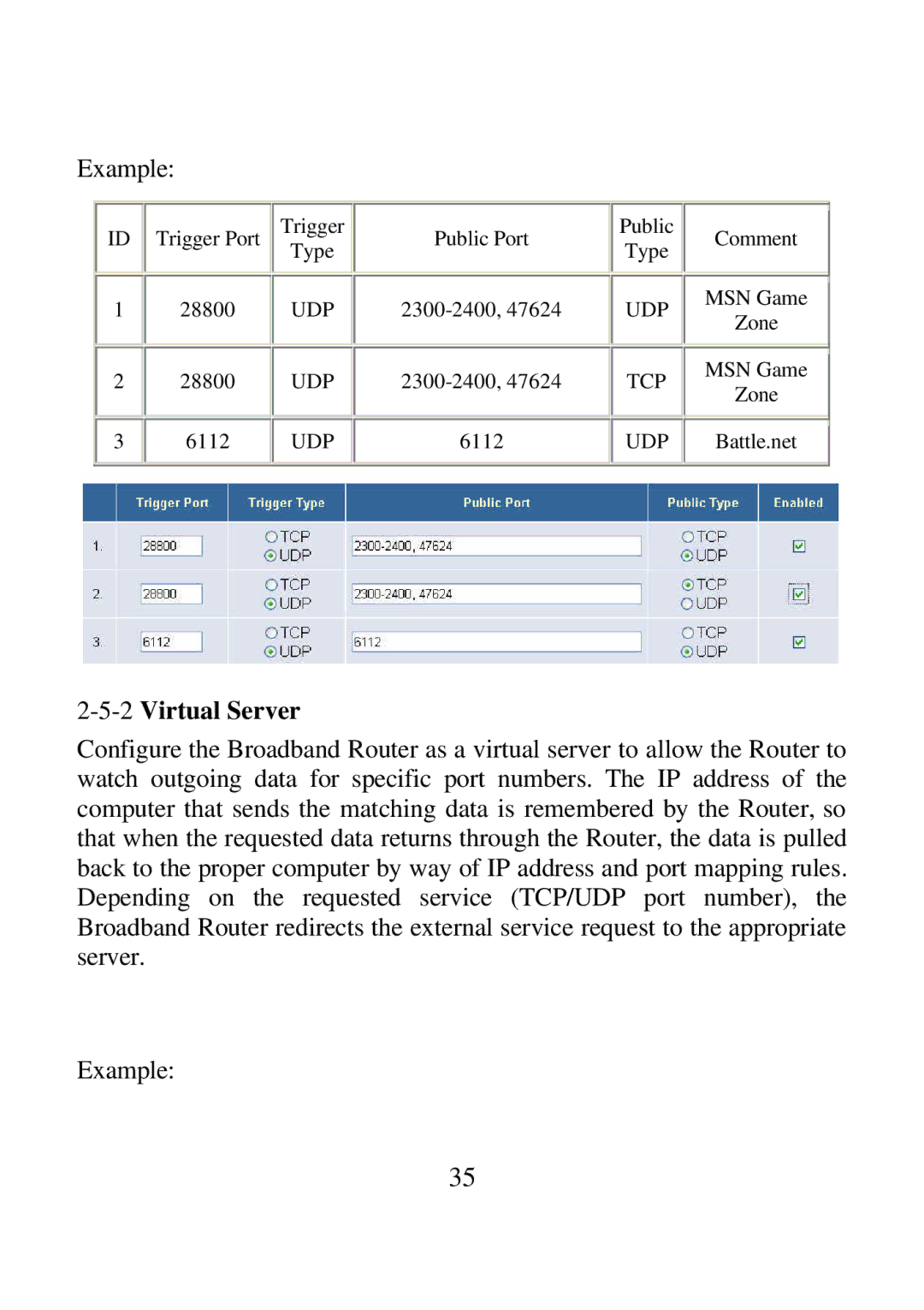 Airlink ARW027 user manual Example, 2Virtual Server 