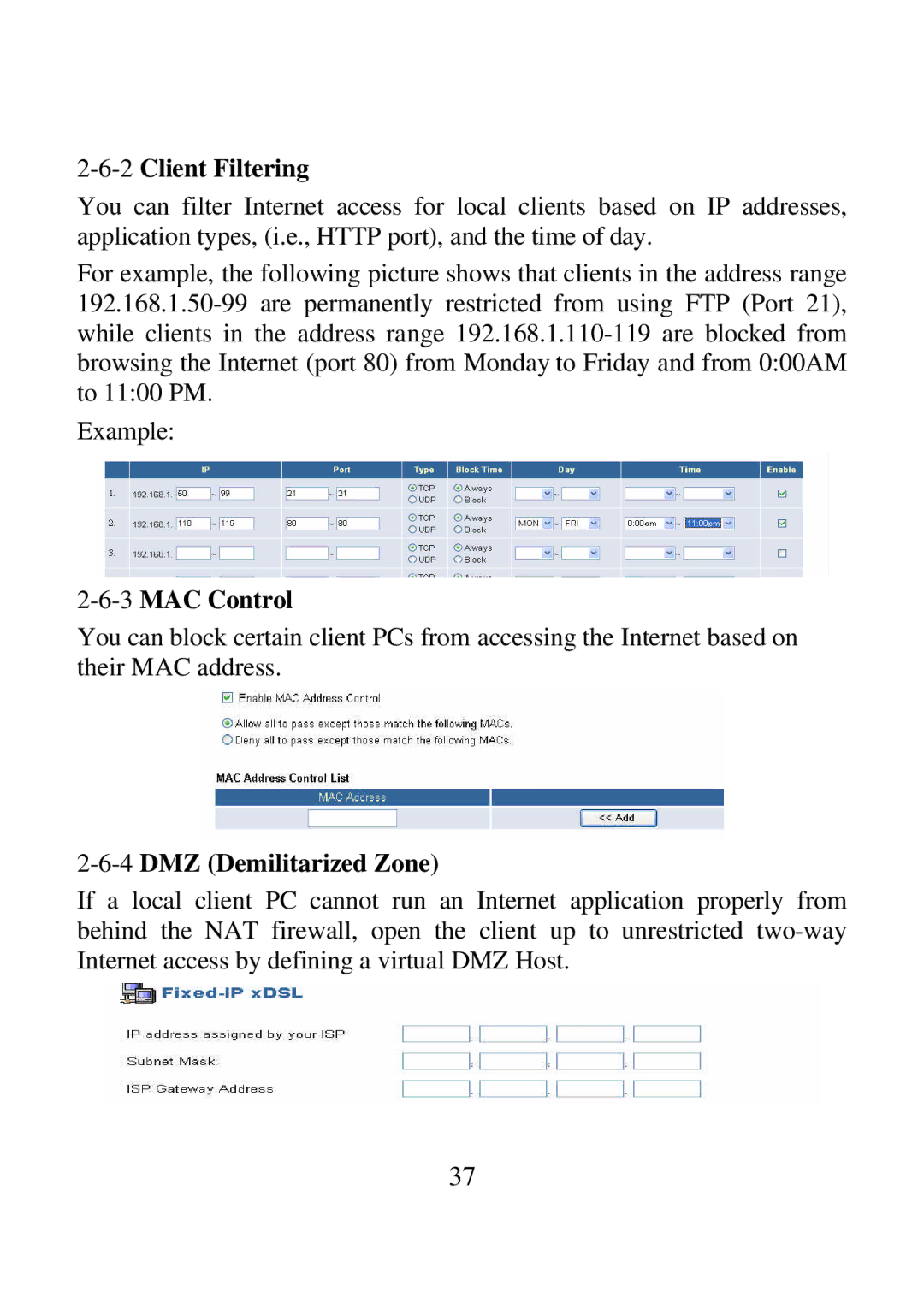 Airlink ARW027 user manual 2Client Filtering, 3MAC Control, 4DMZ Demilitarized Zone 