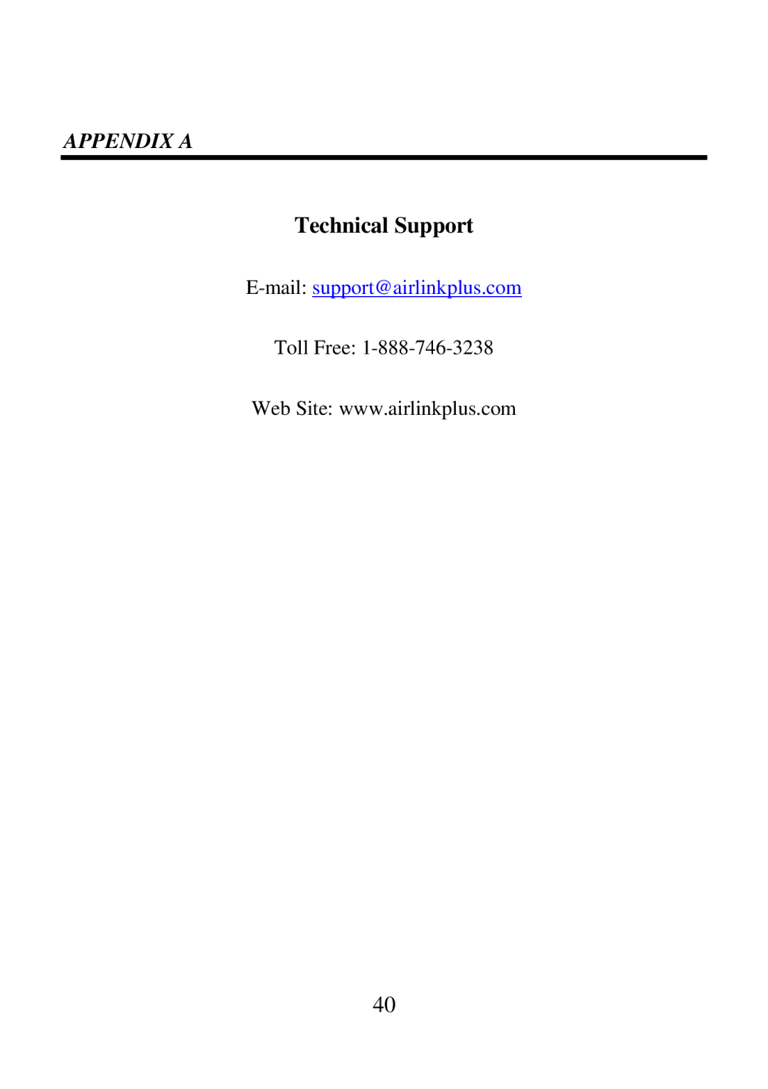 Airlink ARW027 user manual Appendix a, Technical Support 