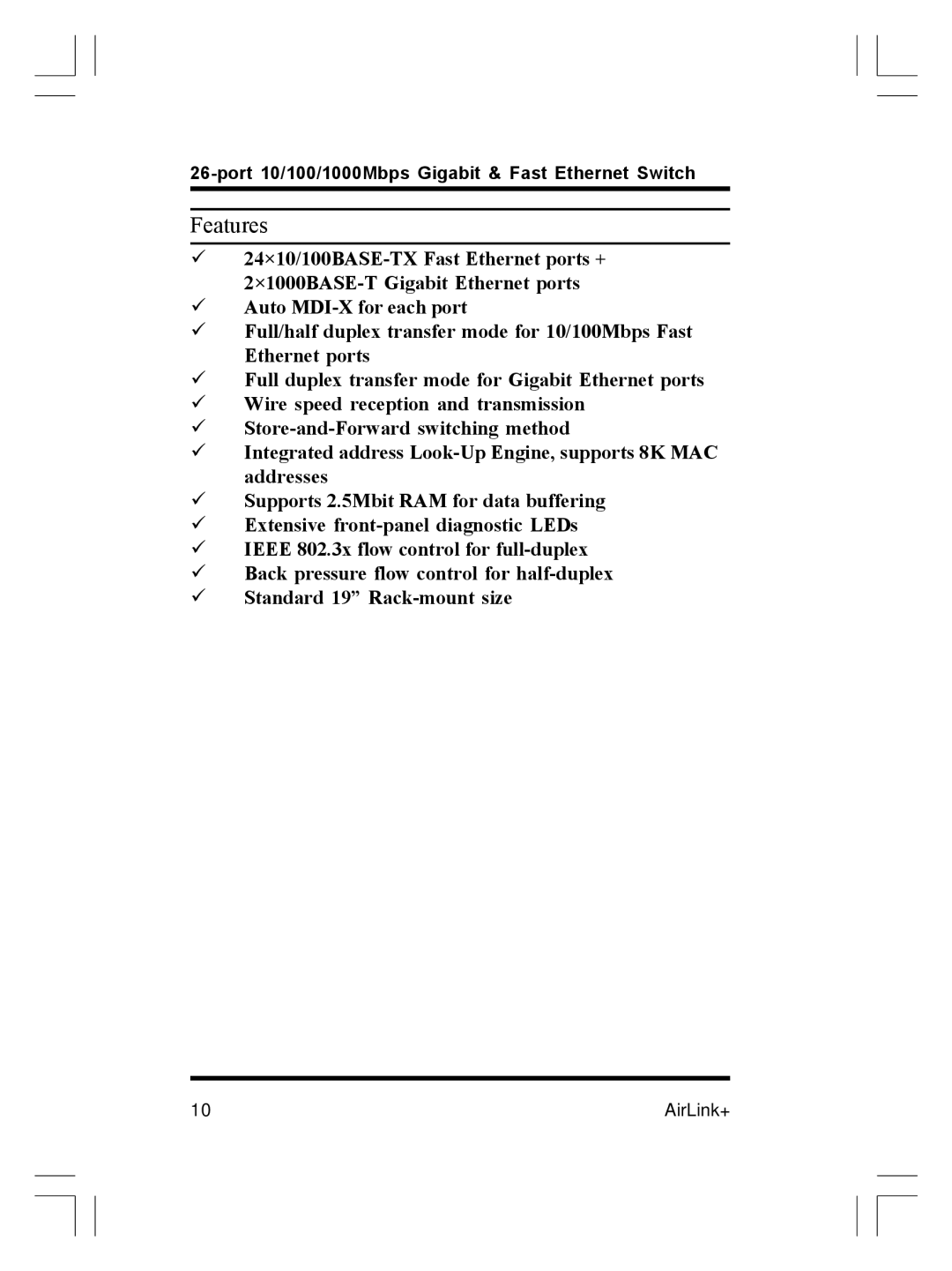 Airlink ASW-2402 manual Features 