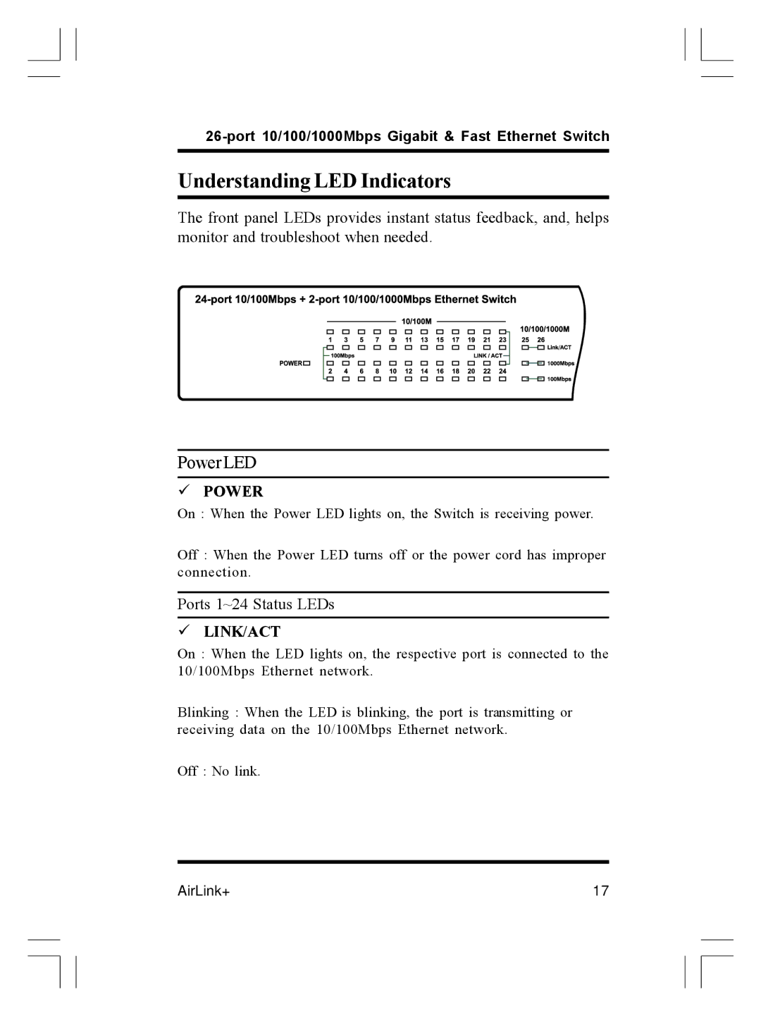 Airlink ASW-2402 manual Understanding LED Indicators, Power LED 