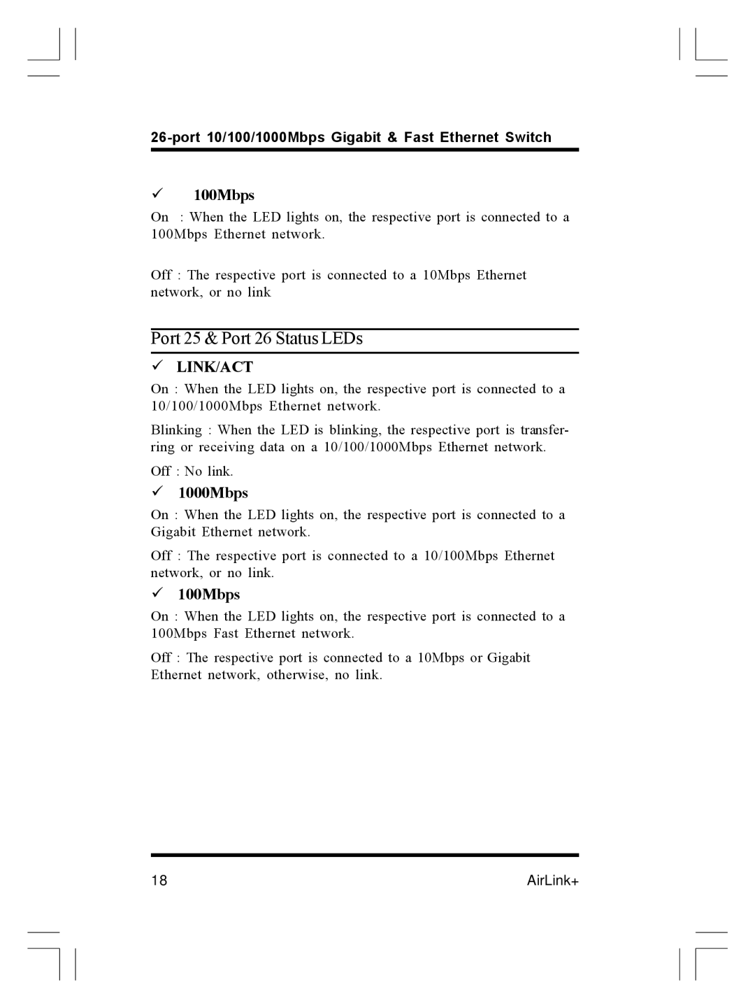 Airlink ASW-2402 manual Port 25 & Port 26 Status LEDs, 100Mbps 