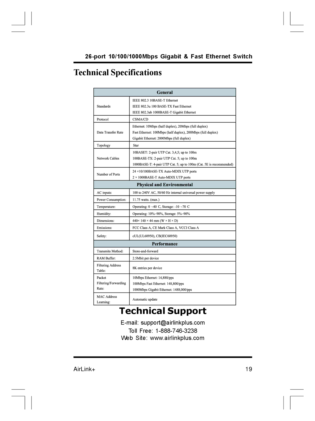 Airlink ASW-2402 manual Technical Specifications, Technical Support 