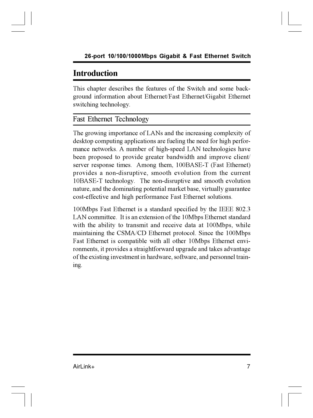 Airlink ASW-2402 manual Introduction, Fast Ethernet Technology 