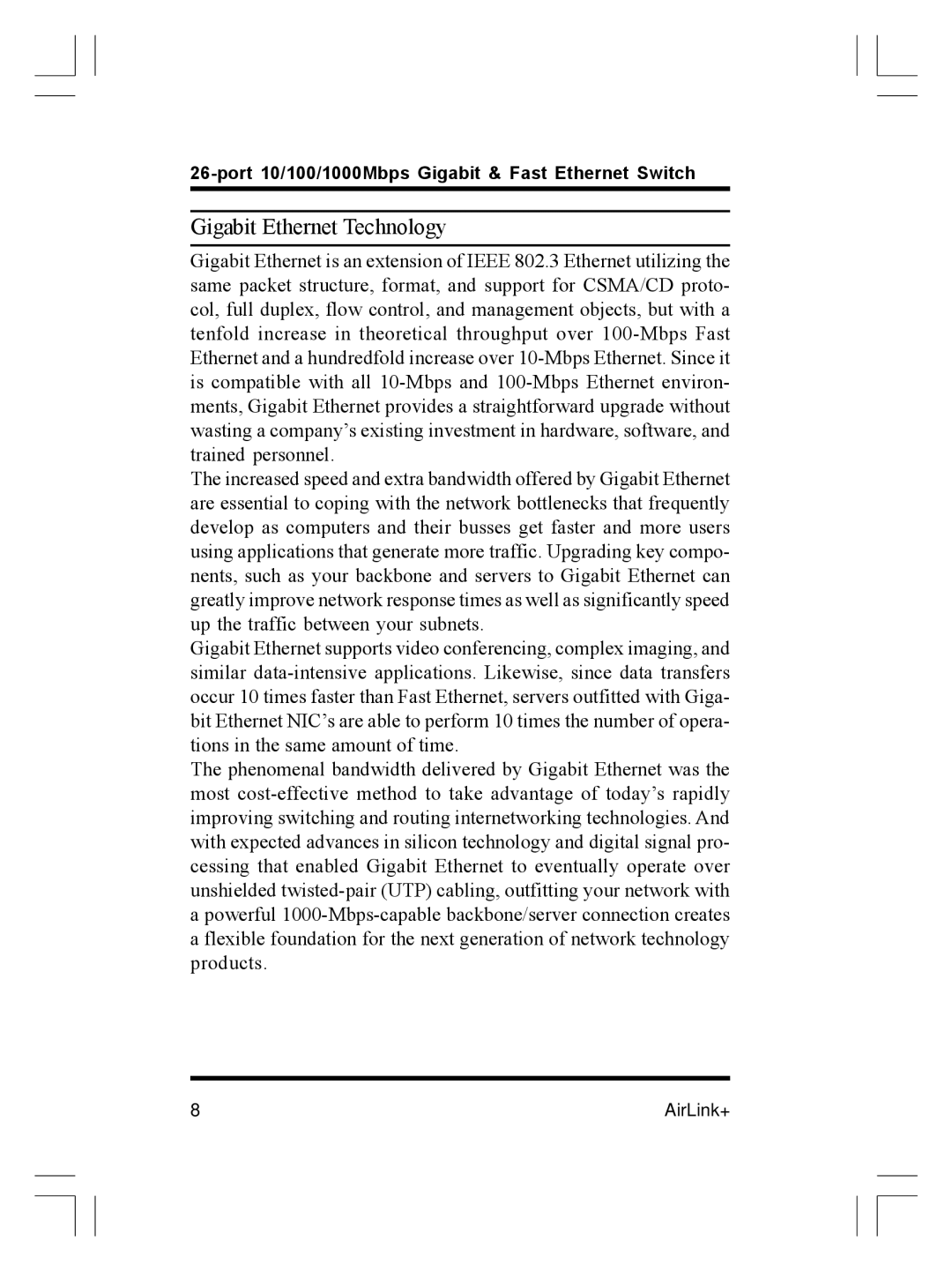 Airlink ASW-2402 manual Gigabit Ethernet Technology 