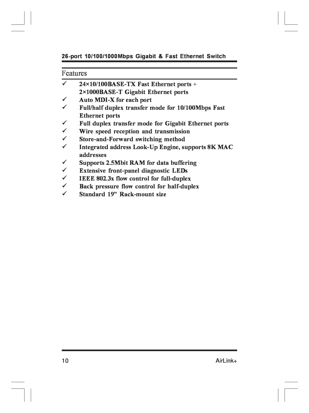 Airlink ASW-2402 manual Features 