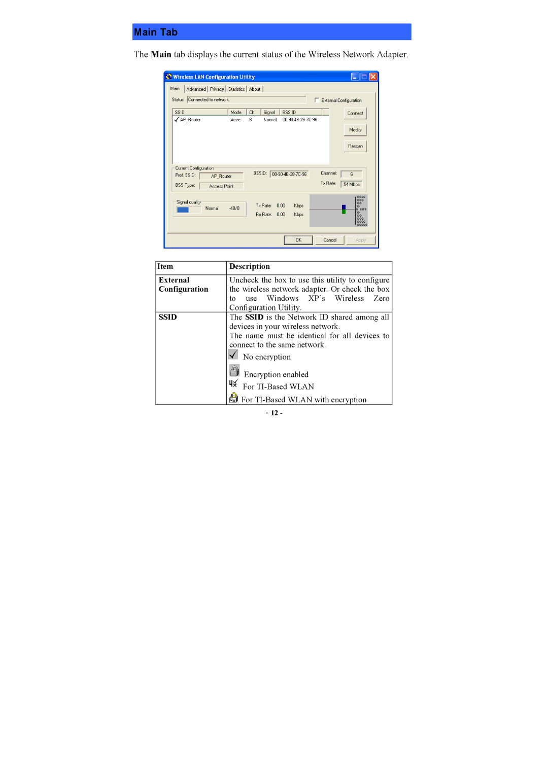 Airlink AWLC3025 user manual Main Tab, Description, External, Configuration 