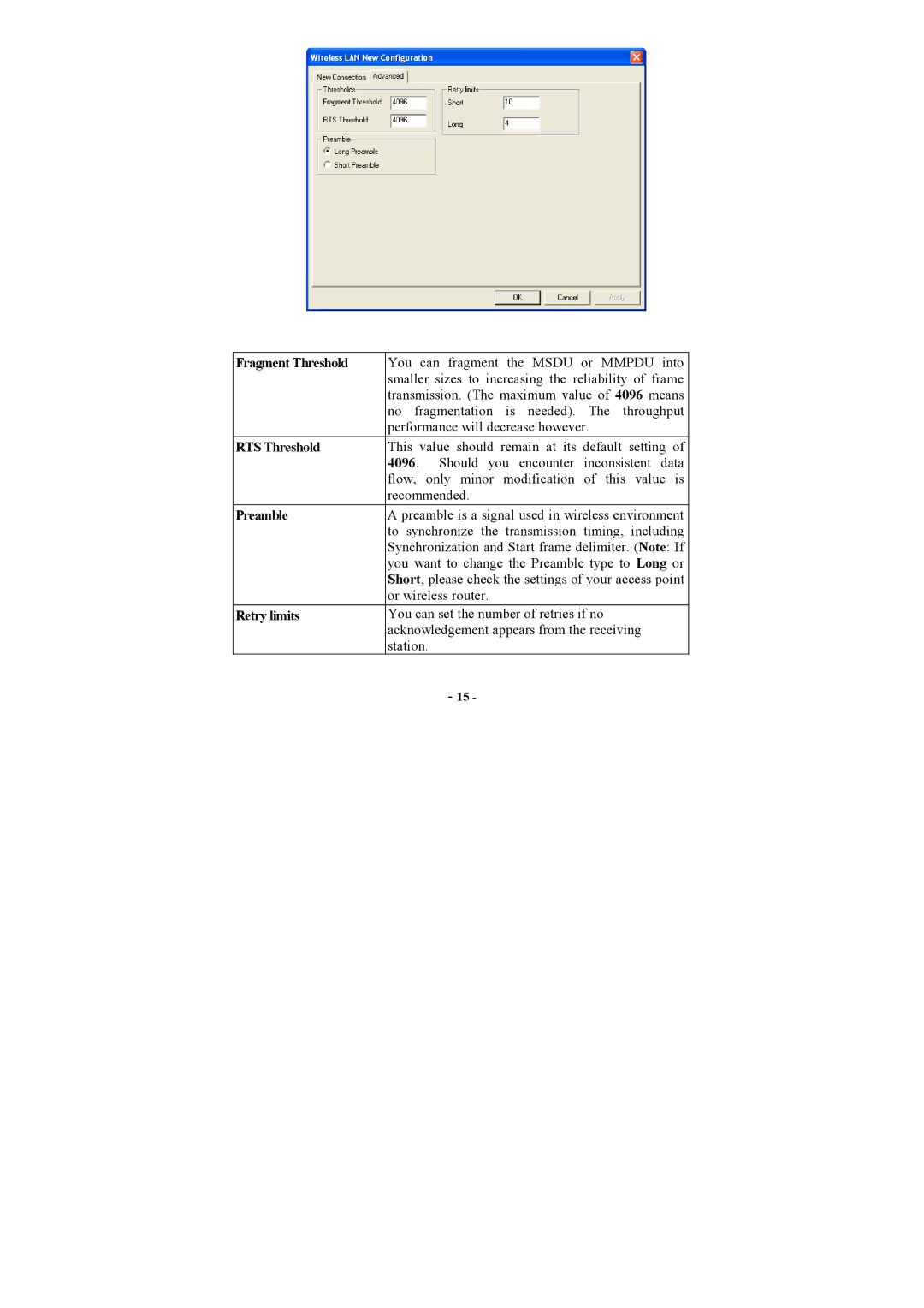 Airlink AWLC3025 user manual Fragment Threshold, RTS Threshold, Preamble, Retry limits 