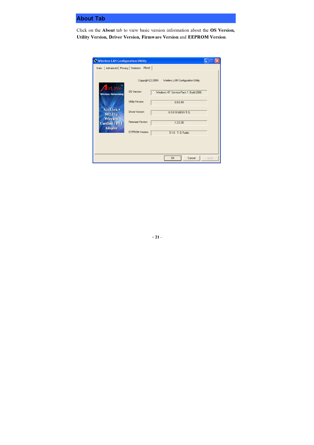 Airlink AWLC3025 user manual About Tab 