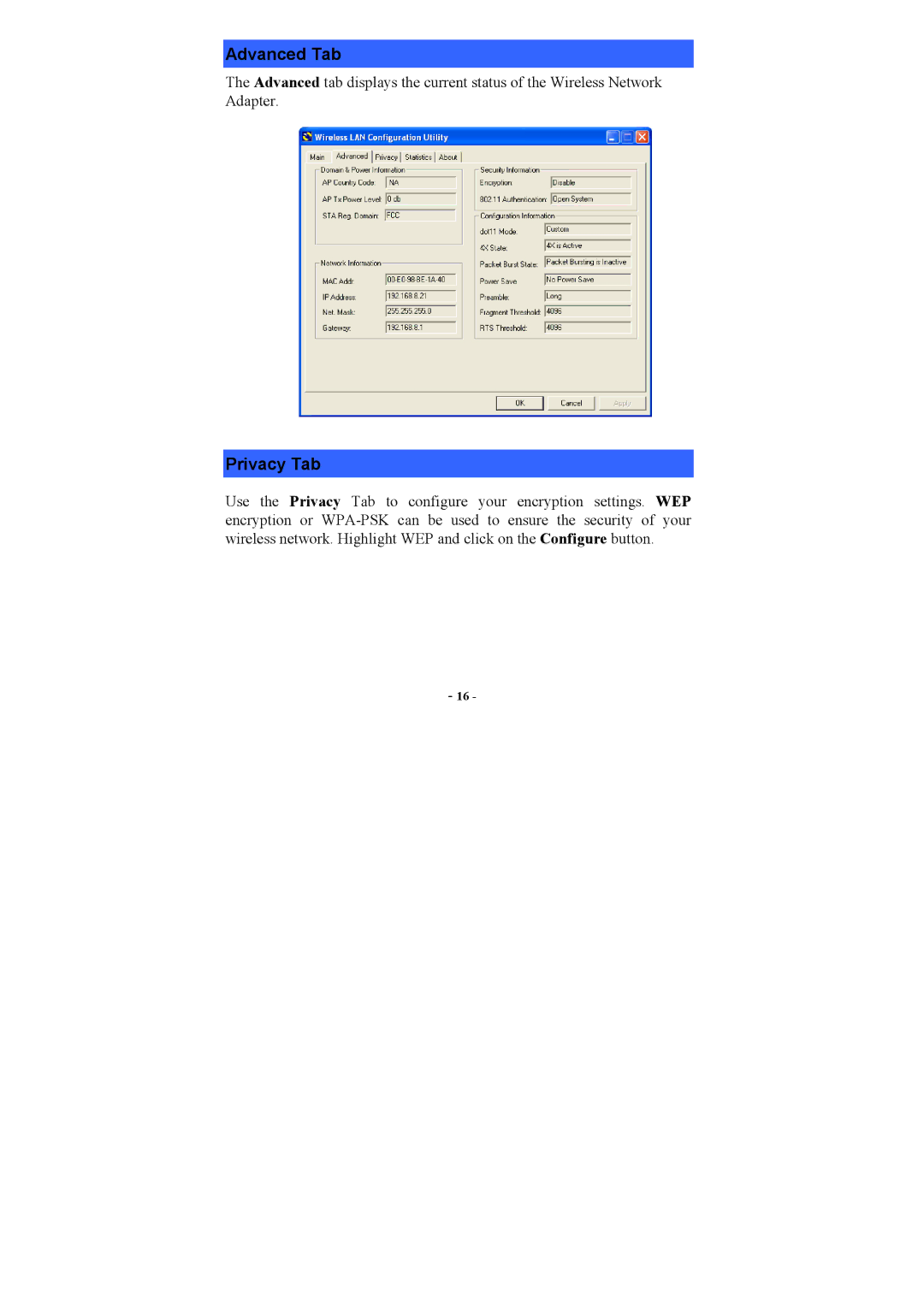 Airlink AWLH3025 user manual Advanced Tab, Privacy Tab 