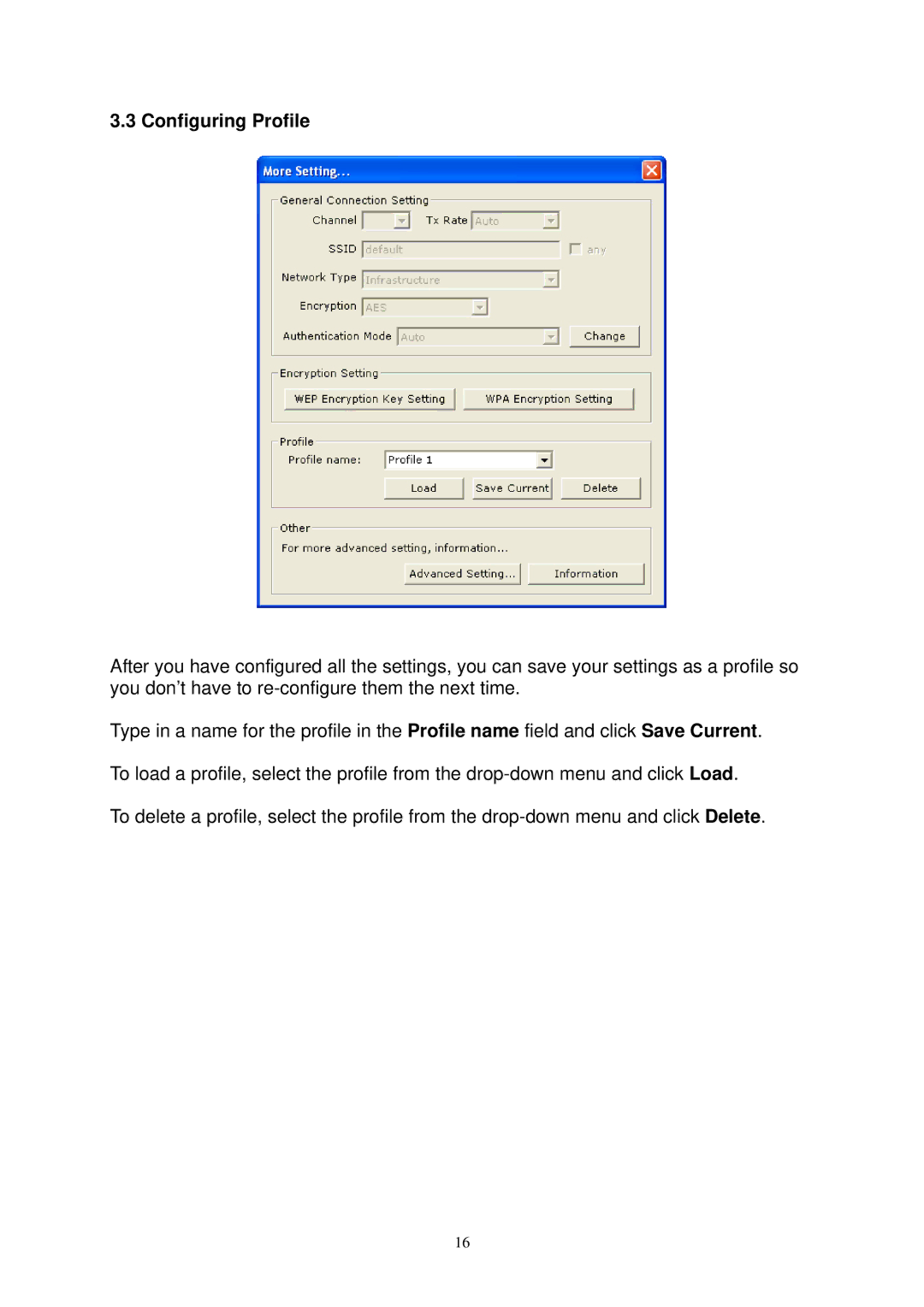 Airlink AWLL3025 user manual Configuring Profile 