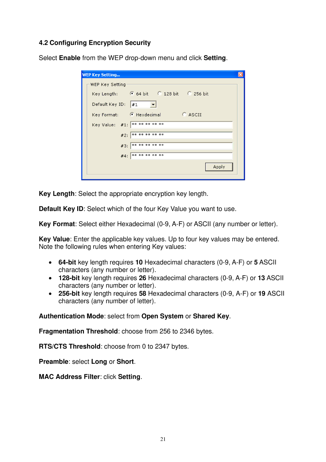 Airlink AWLL3025 user manual Configuring Encryption Security, Authentication Mode select from Open System or Shared Key 