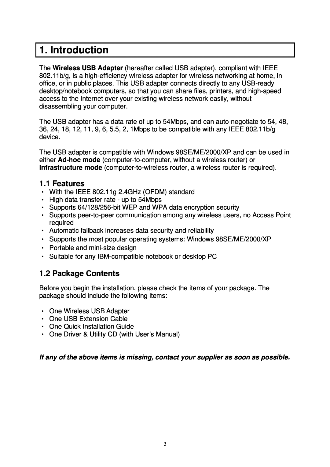 Airlink AWLL3025 user manual Introduction, Features, Package Contents 