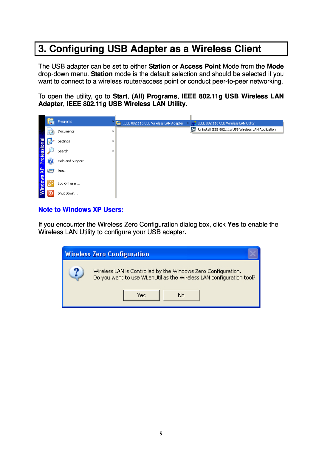 Airlink AWLL3025 user manual Configuring USB Adapter as a Wireless Client, Note to Windows XP Users 