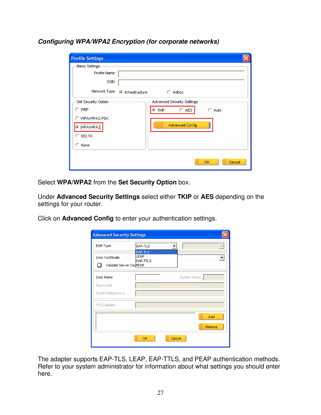 Airlink AWLL6080 Configuring WPA/WPA2 Encryption for corporate networks, Select WPA/WPA2 from the Set Security Option box 