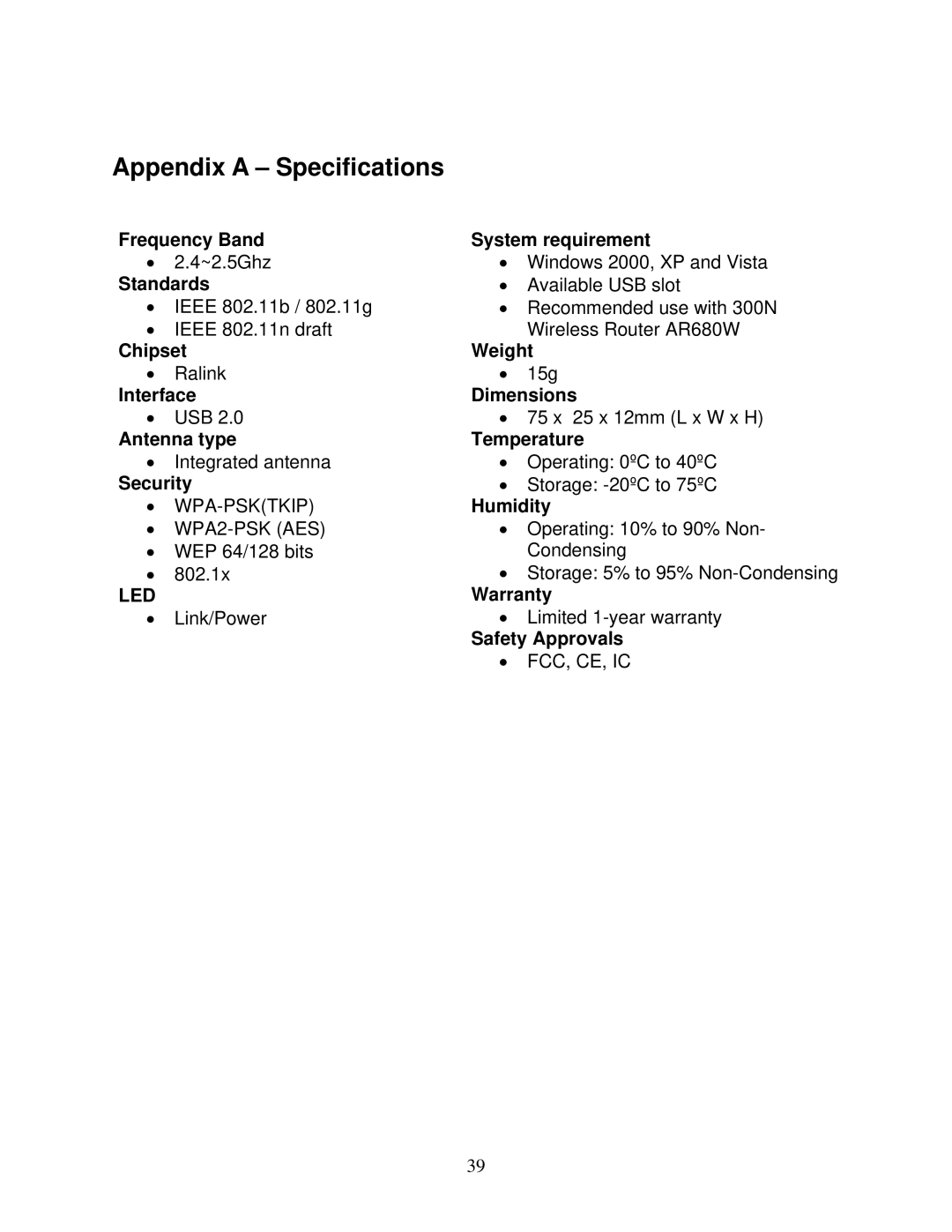 Airlink AWLL6080 user manual Appendix a Specifications 