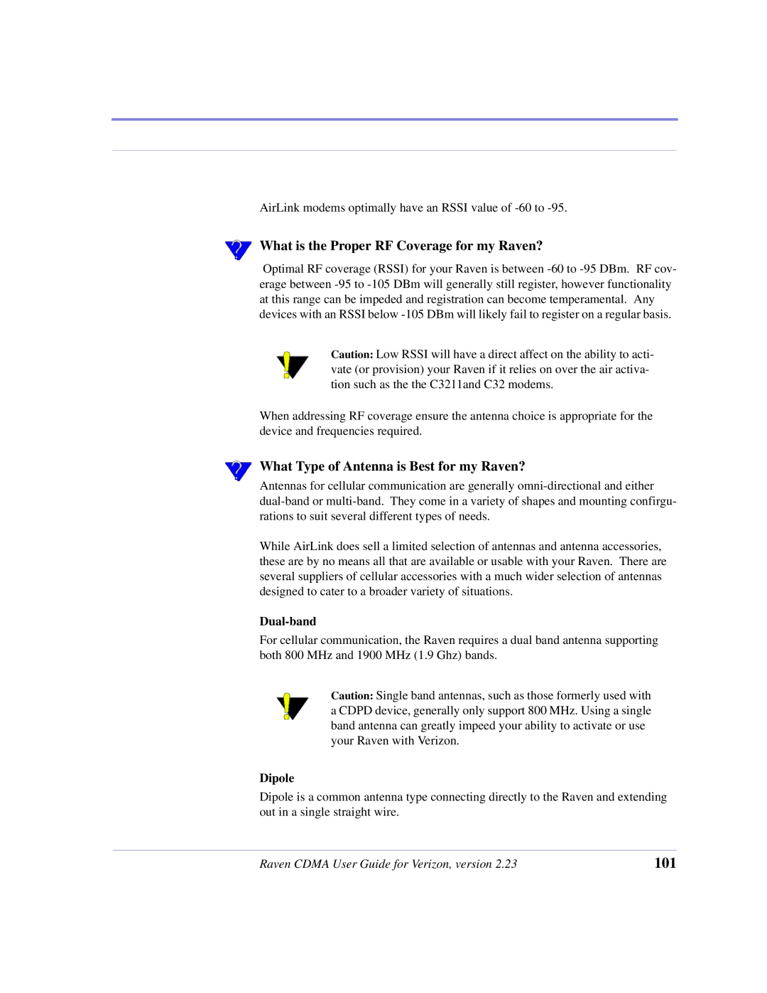 Airlink CDMA/1x manual What is the Proper RF Coverage for my Raven?, What Type of Antenna is Best for my Raven?, Dual-band 