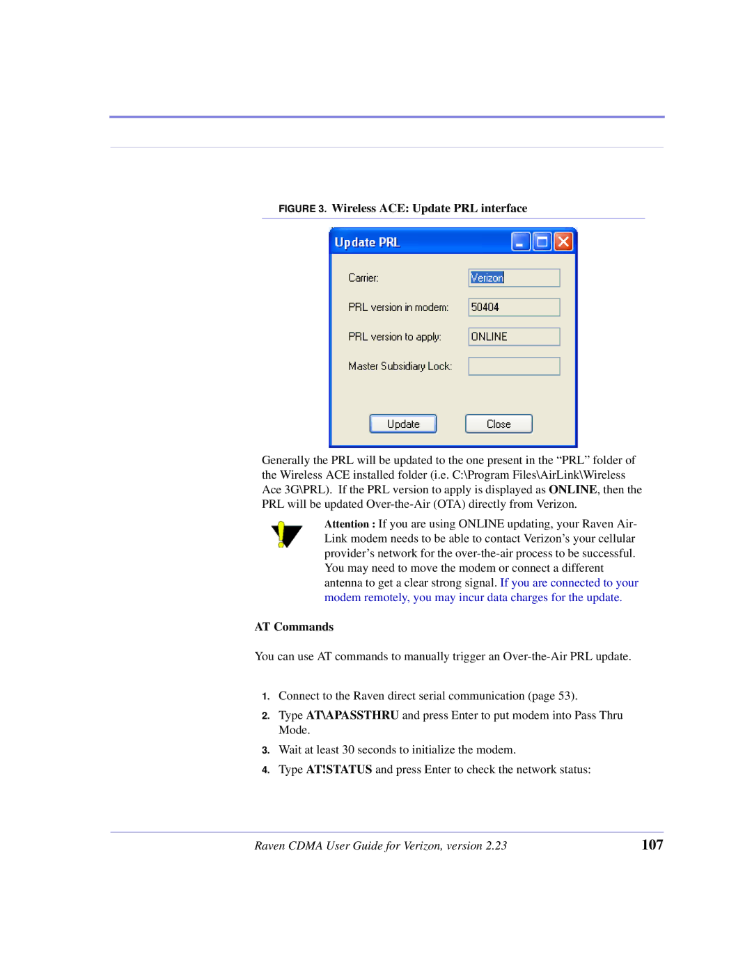 Airlink CDMA/1x manual Wireless ACE Update PRL interface, AT Commands 