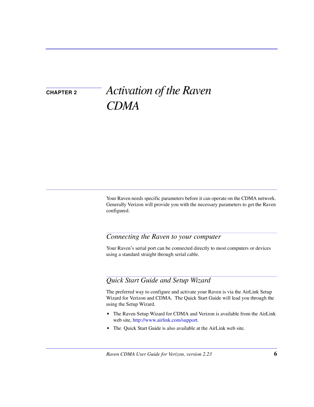 Airlink CDMA/1x manual Activation of the Raven, Connecting the Raven to your computer, Quick Start Guide and Setup Wizard 