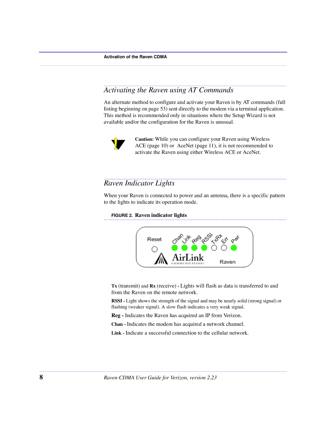 Airlink CDMA/1x manual Activating the Raven using AT Commands, Raven Indicator Lights 