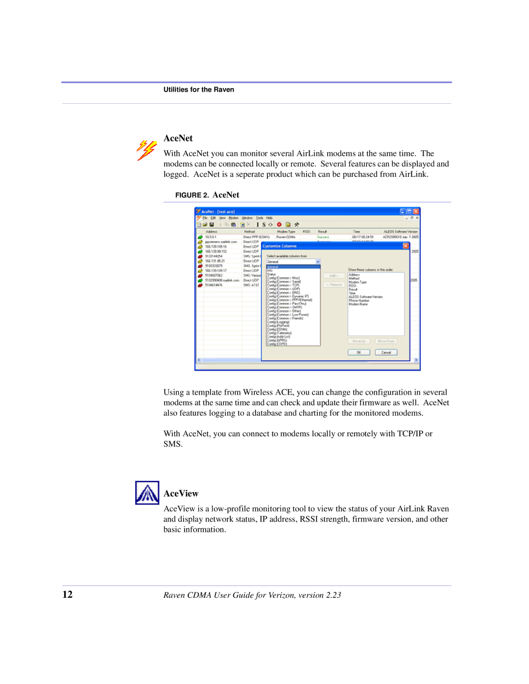 Airlink CDMA/1x manual AceNet, AceView 