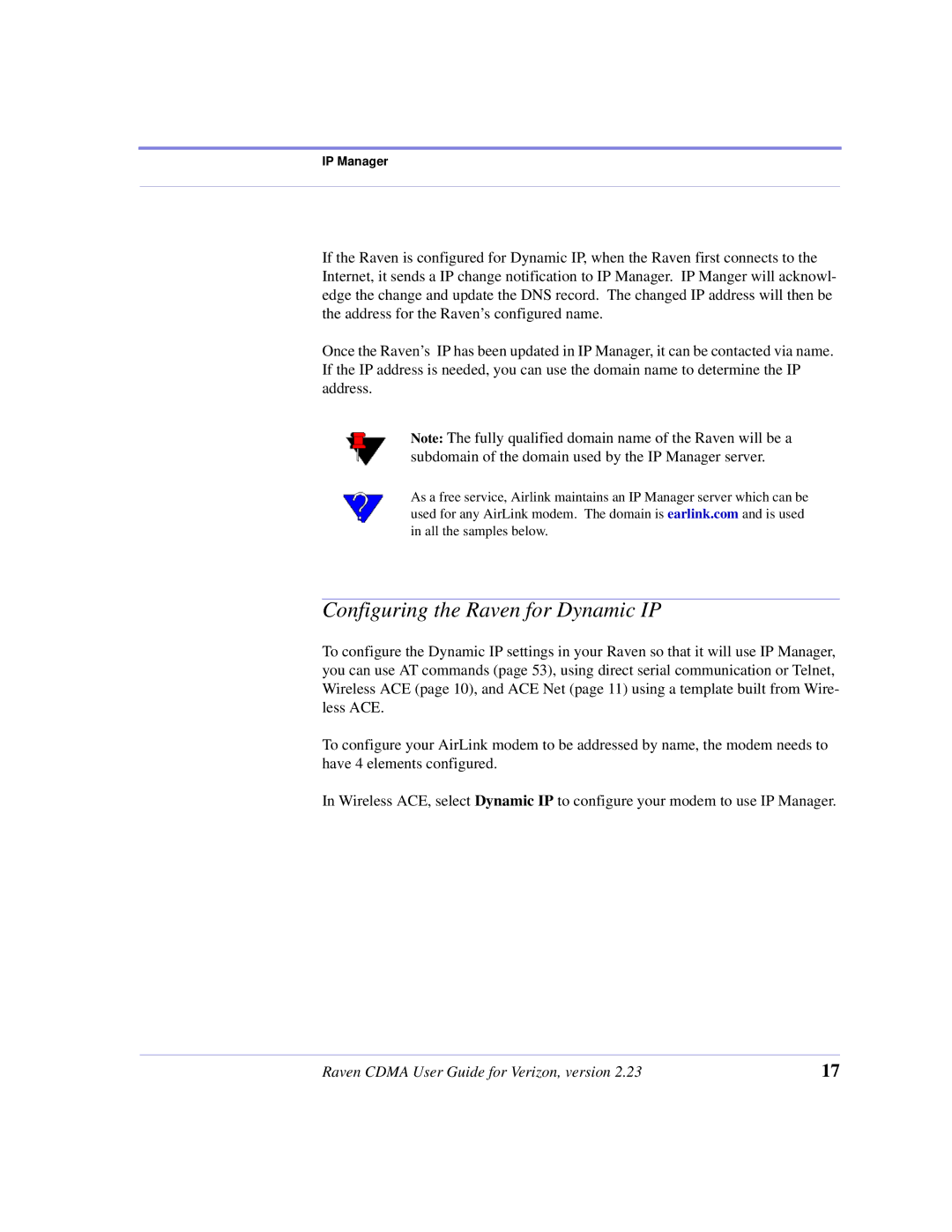 Airlink CDMA/1x manual Configuring the Raven for Dynamic IP 