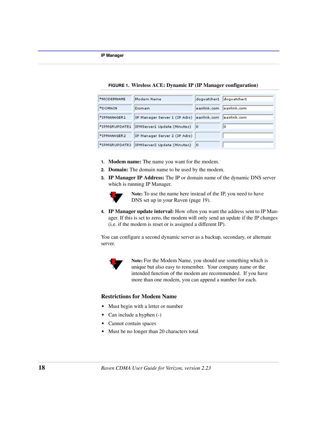 Airlink CDMA/1x manual Restrictions for Modem Name, Wireless ACE Dynamic IP IP Manager configuration 