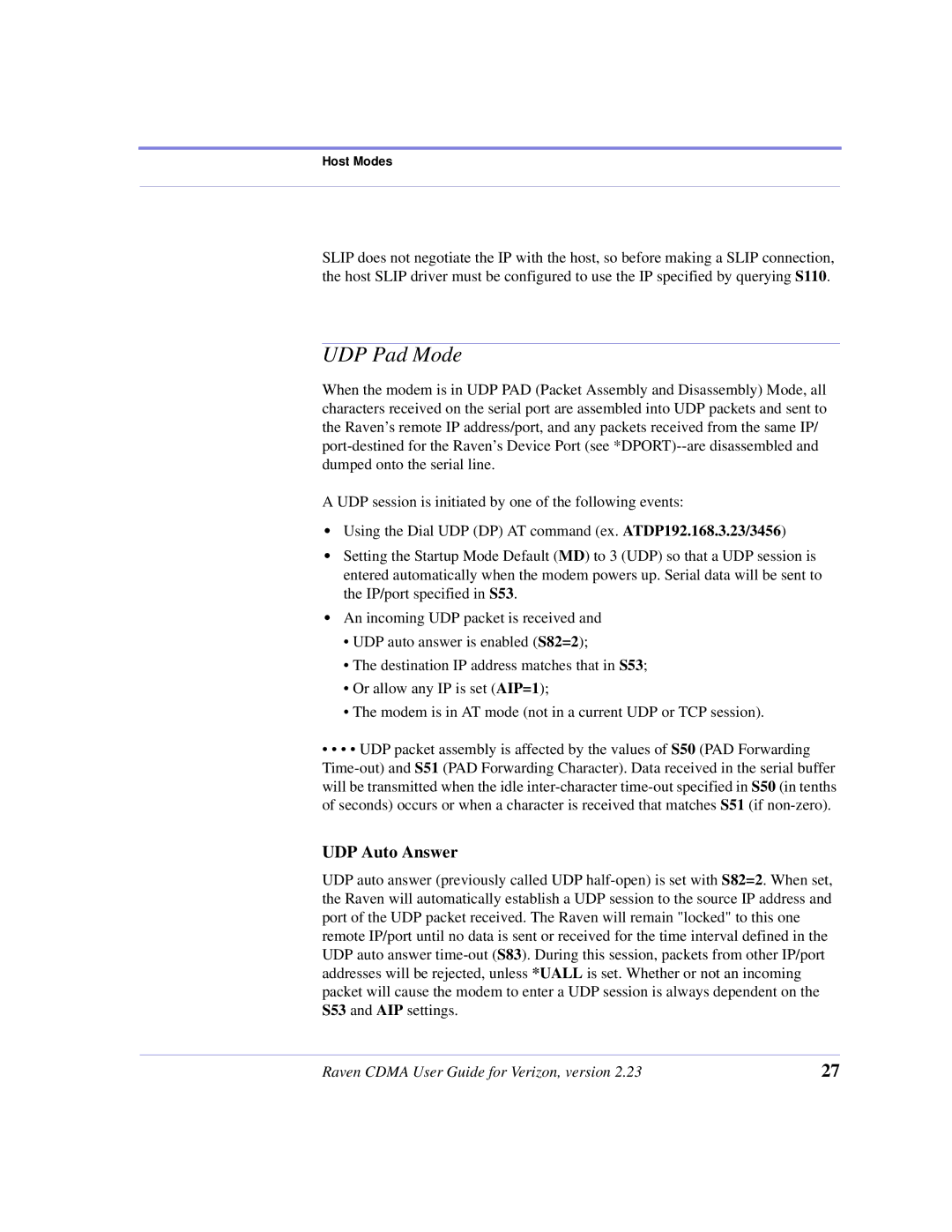 Airlink CDMA/1x manual UDP Pad Mode, UDP Auto Answer 