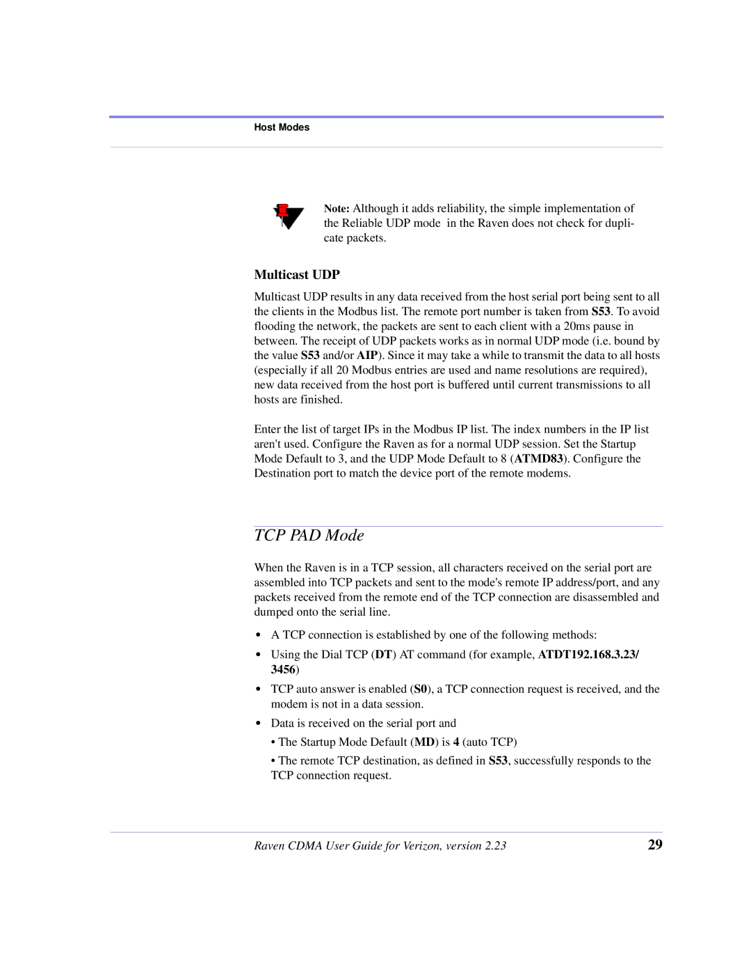 Airlink CDMA/1x manual TCP PAD Mode, Multicast UDP 