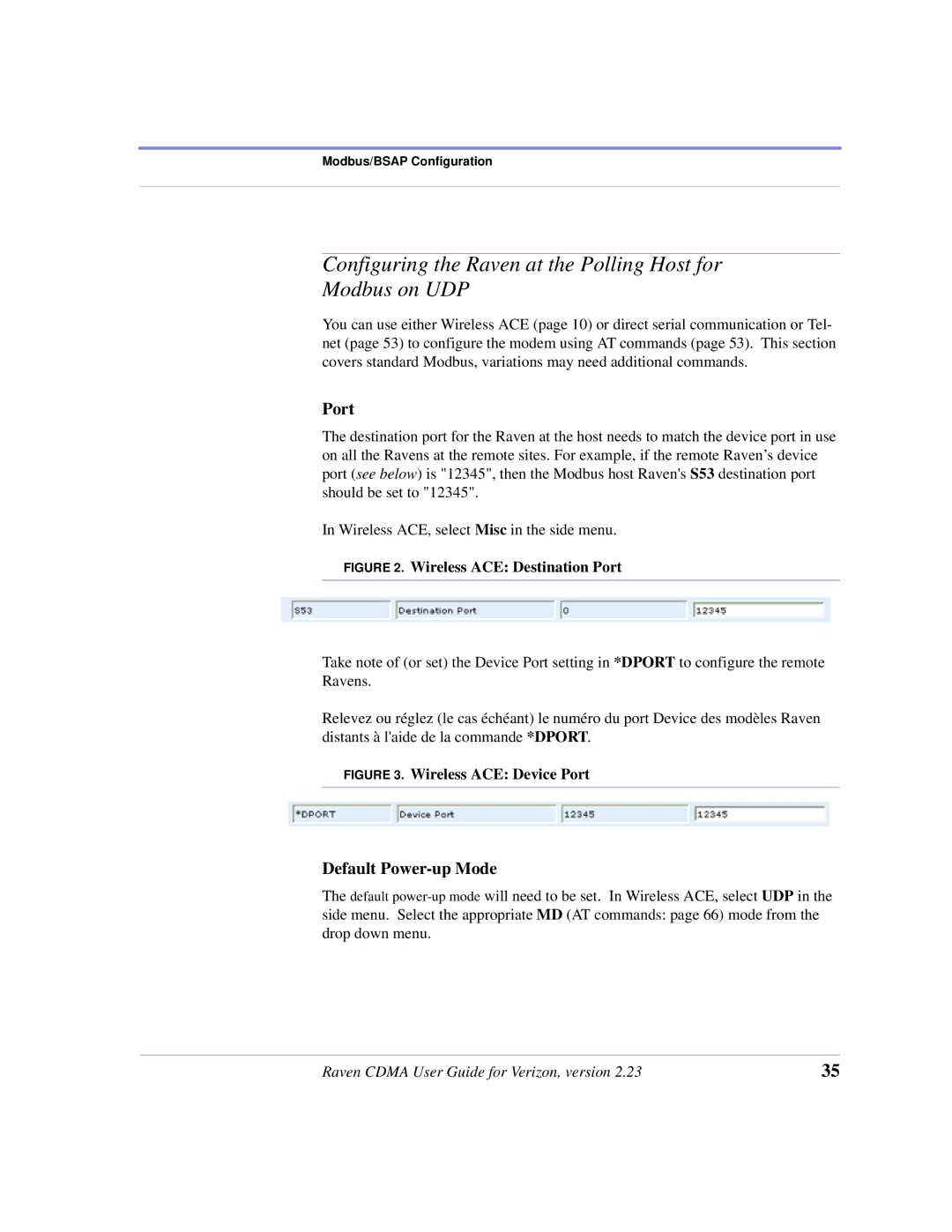 Airlink CDMA/1x manual Configuring the Raven at the Polling Host for Modbus on UDP, Port, Default Power-up Mode 