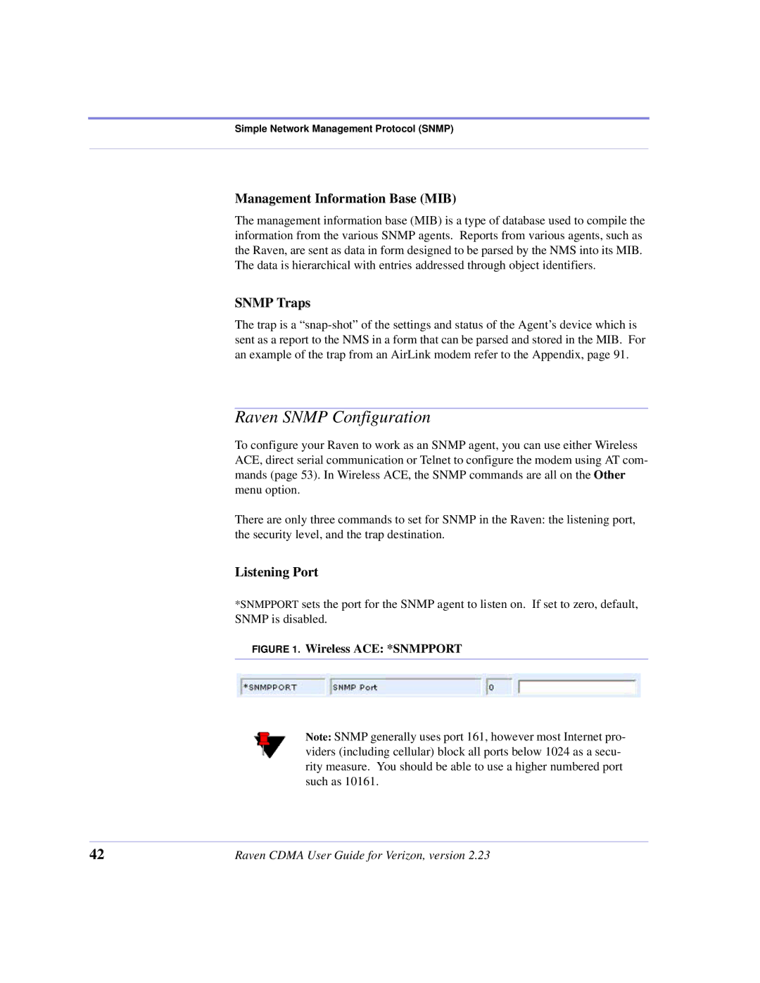 Airlink CDMA/1x manual Raven Snmp Configuration, Management Information Base MIB, Snmp Traps, Listening Port 