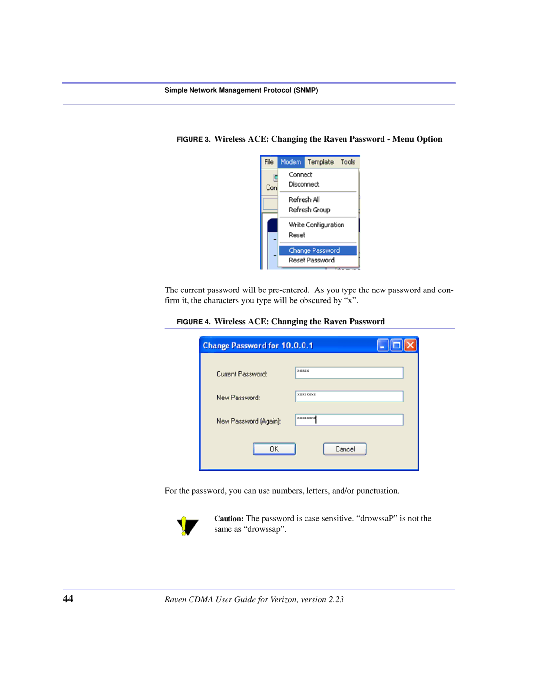 Airlink CDMA/1x manual Wireless ACE Changing the Raven Password Menu Option 