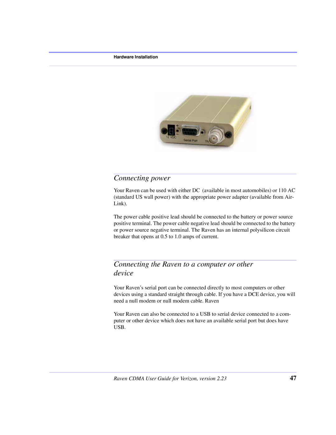 Airlink CDMA/1x manual Connecting power, Connecting the Raven to a computer or other device 