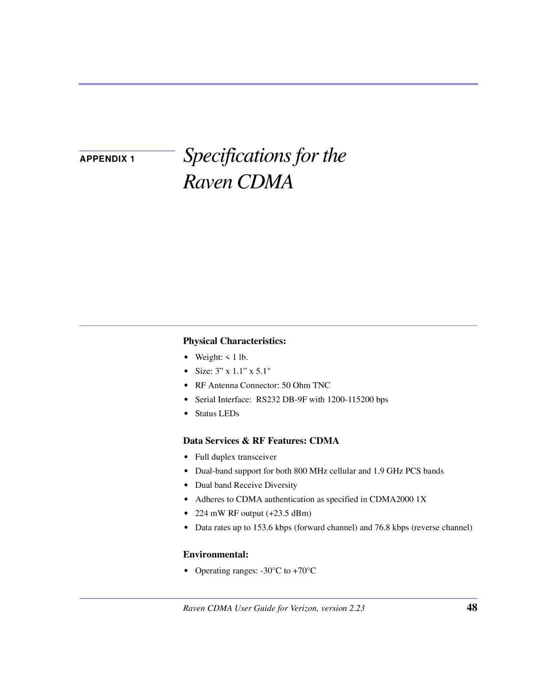 Airlink CDMA/1x manual Specifications for the Raven Cdma, Physical Characteristics, Data Services & RF Features Cdma 