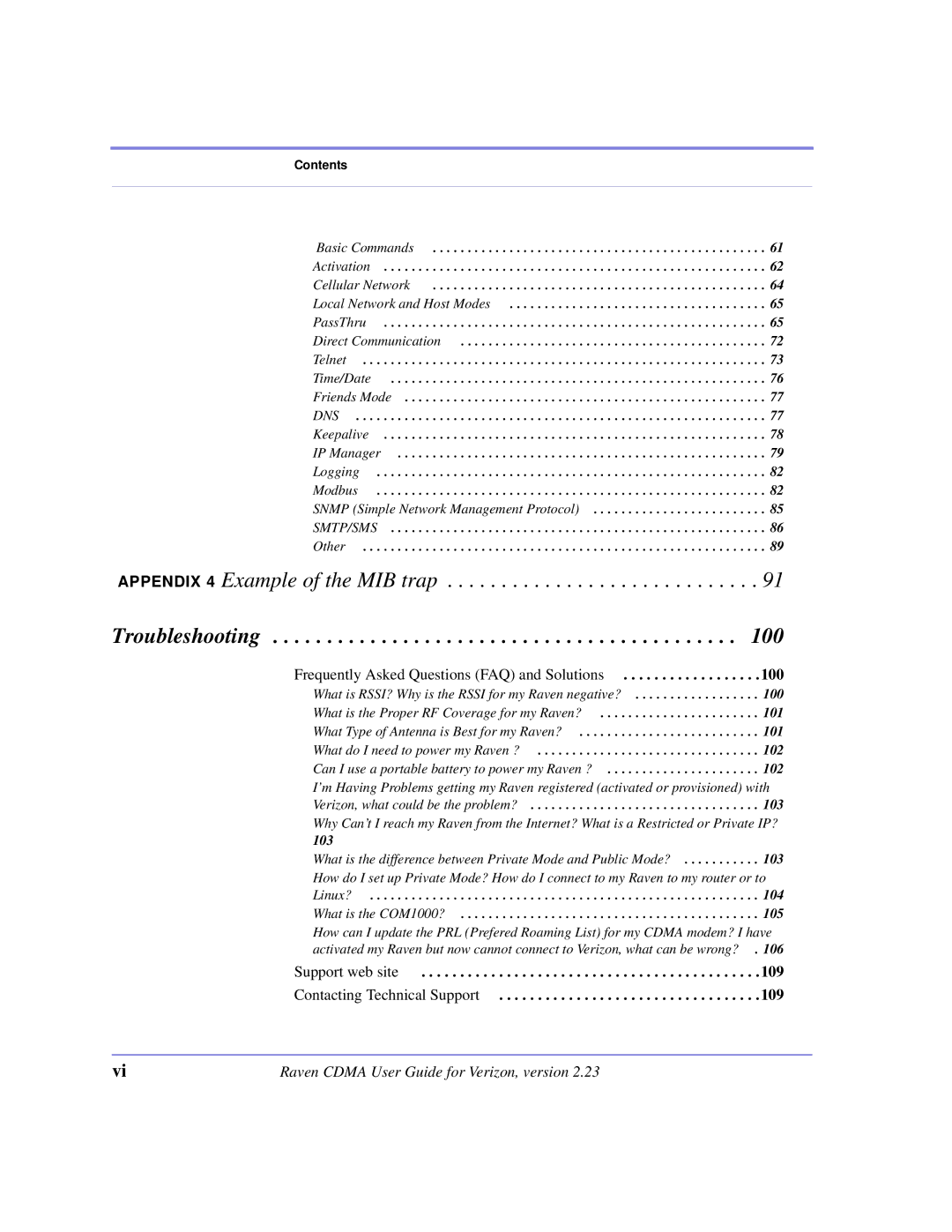 Airlink CDMA/1x manual Appendix 4 Example of the MIB trap, Support web site Contacting Technical Support 