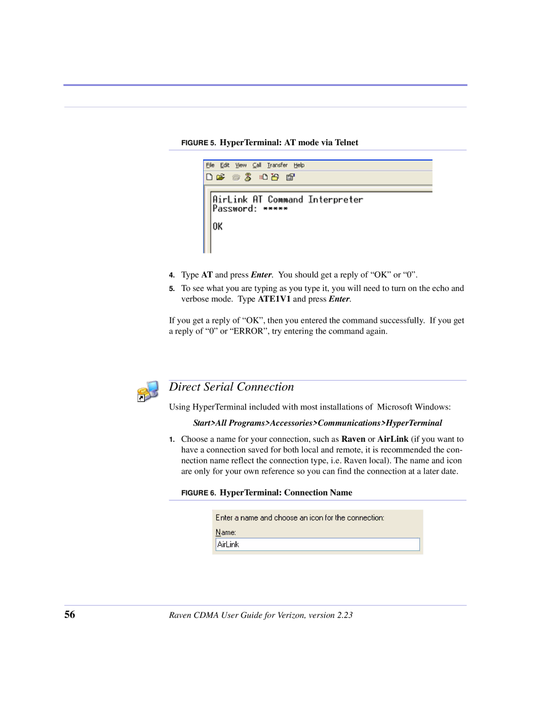 Airlink CDMA/1x manual Direct Serial Connection, HyperTerminal AT mode via Telnet 