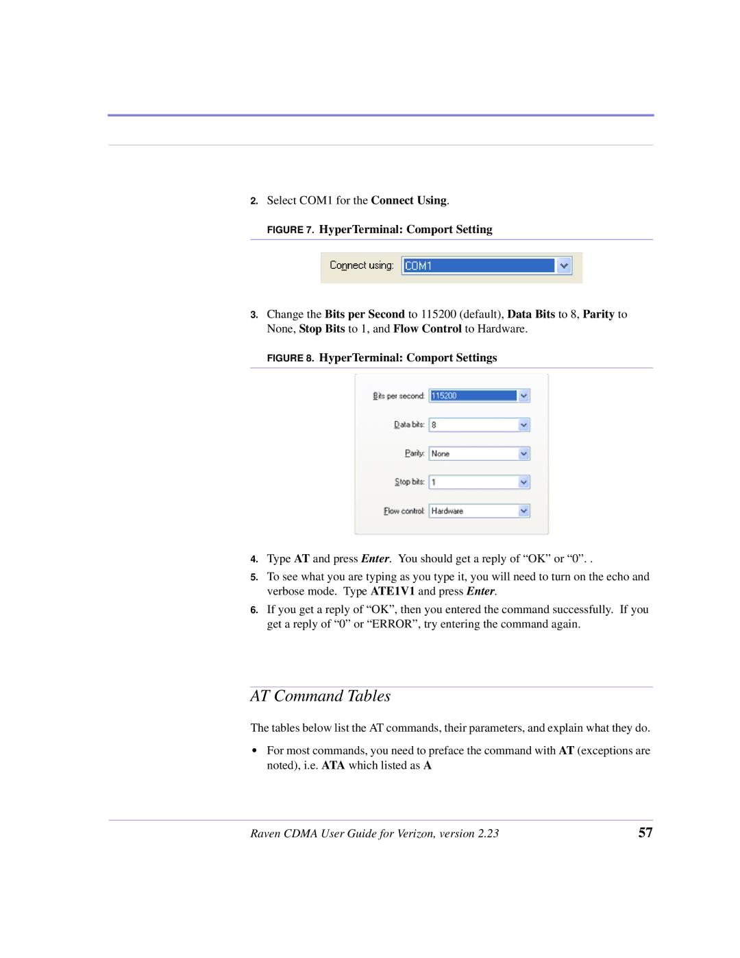 Airlink CDMA/1x manual AT Command Tables, HyperTerminal Comport Setting 